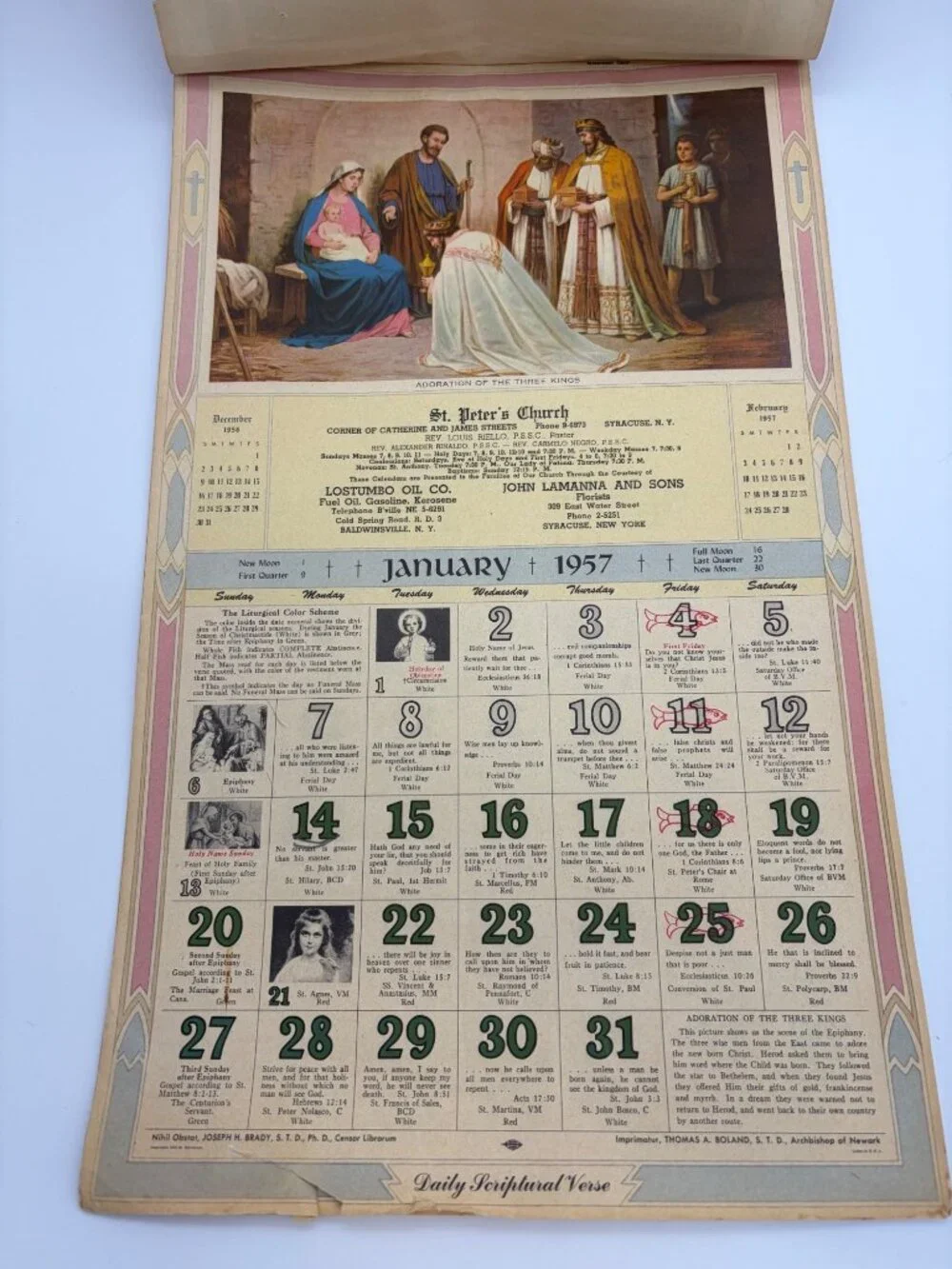 1957 Daily Scriptural Verse Calendar St Peters Church Syracuse NY Catholic Jesus